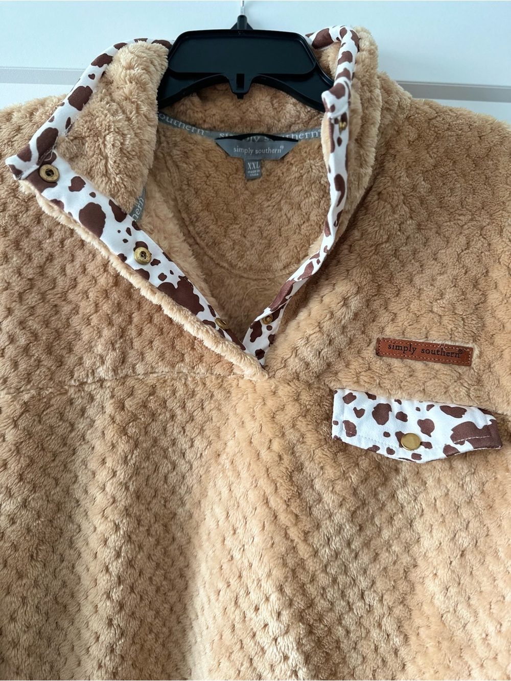 Simply Southern Camel Plush Cowl Pullover with Cow Print Trim - Picture 2 of 5